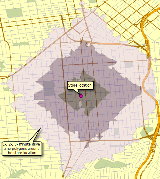 Ejemplo de salida de la tarea Calcular polígonos de tiempo de recorrido Ejemplo de salida de la tarea Calcular polígonos de tiempo de recorrido